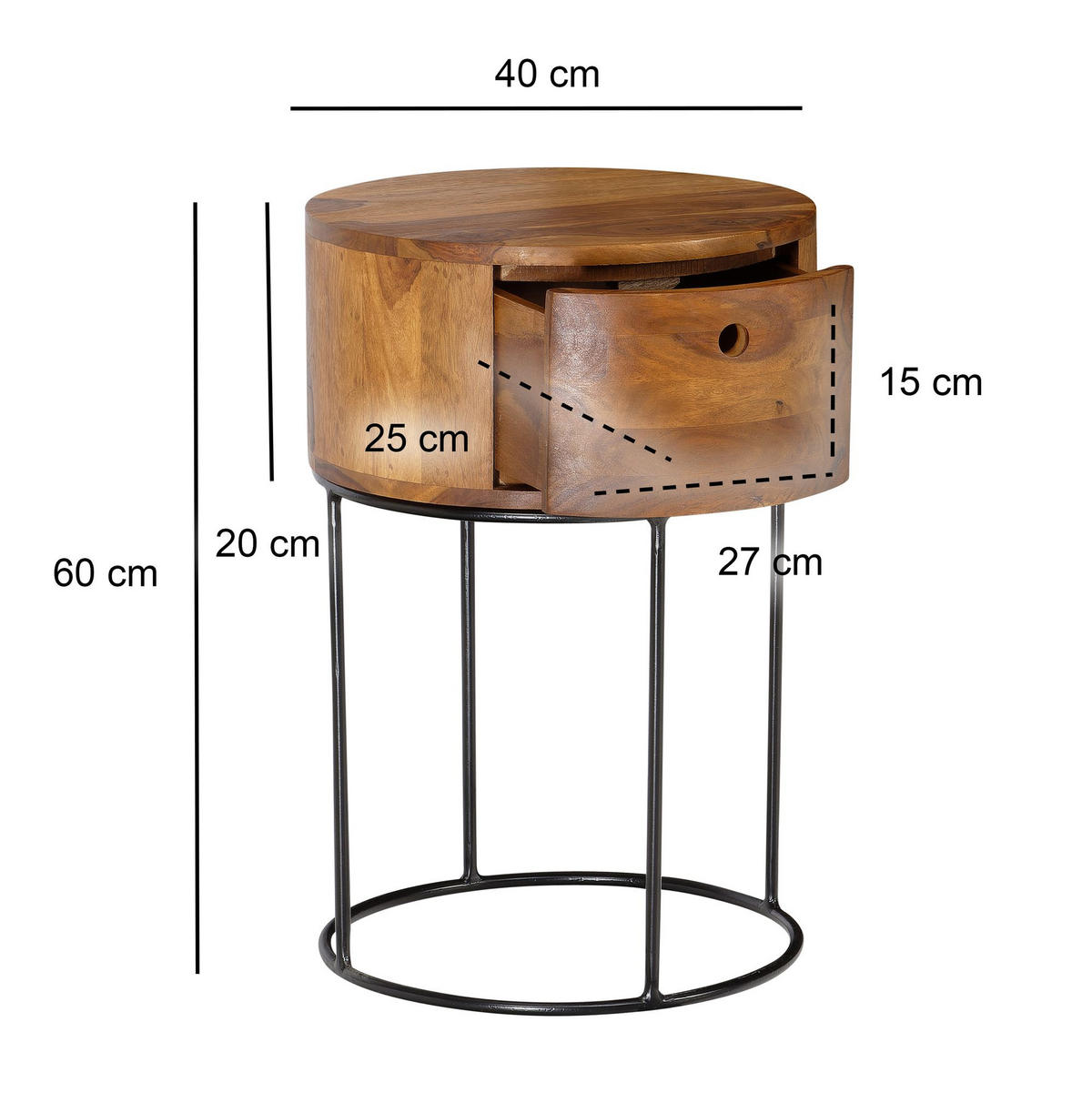 NACHTTISCH Mango Massivholz Metall Rund Schublade Stauraum, Dunkelbraun 40x40x60 cm - Sheeshamfarben/Schwarz, Holz/Metall (40/60/40cm) - KADIMA DESIGN