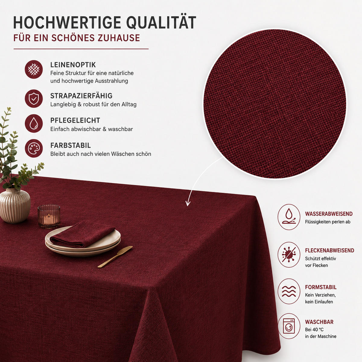 TISCHDECKE Leinenoptik 90/90 cm eckig bordeaux - Bordeaux, Kunststoff (90/90cm) - TiborTex