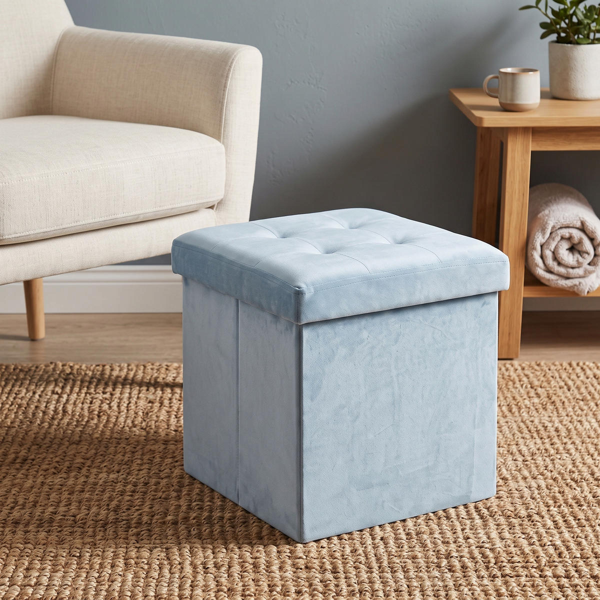 SAMTPOUF mit Stauraum 38/38/38 cm - Blau, Textil (38/38/38cm) - SCENA LIVING