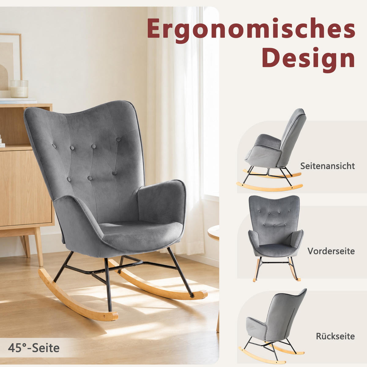 SCHAUKELSTUHL aus Samt im skandinavischen Stil, mit Holz- und Metallbeinen, Grau - Dunkelgrau, Holz/Textil (68/98/85cm) - Meubles Cosy