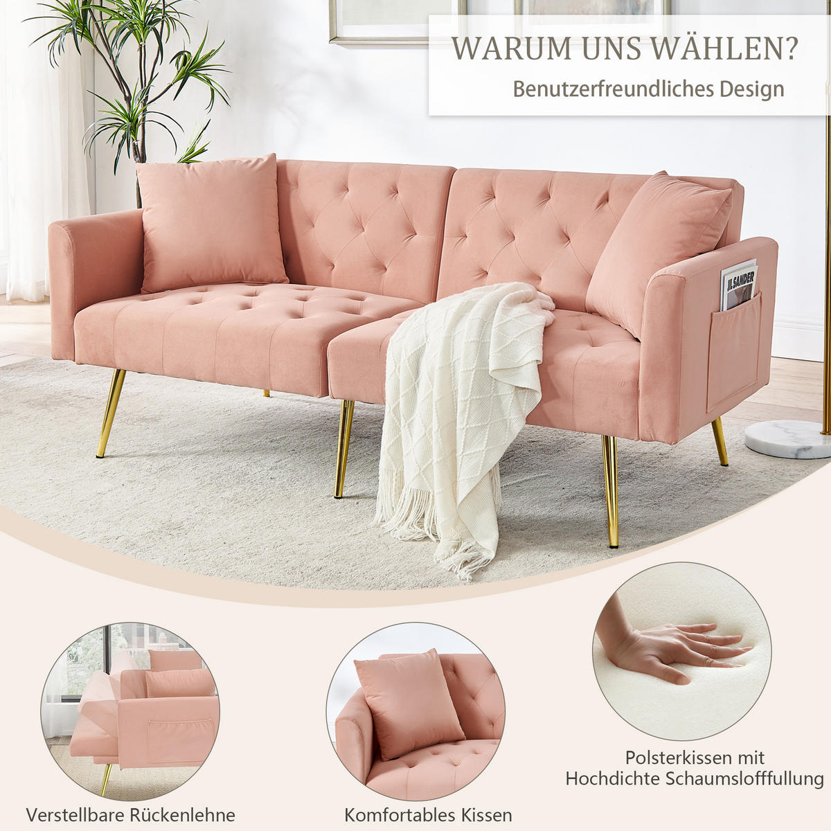 SCHLAFSOFA 177/78/74 cm in Pink Samt mit Aufbewahrungstasche - Rosa, Textil (78/74/177cm) - Oxeza