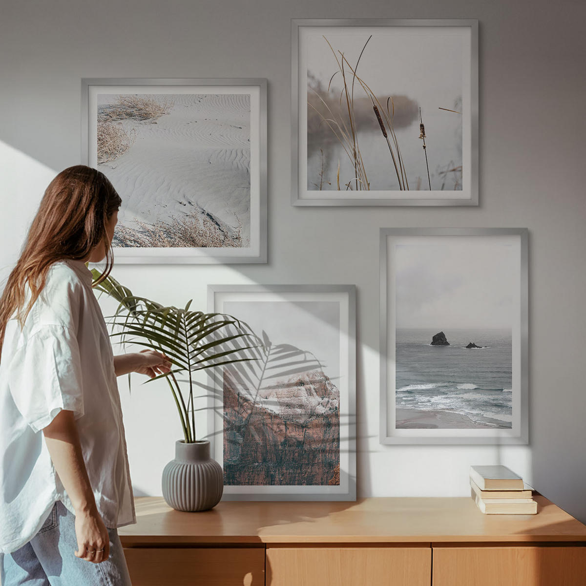 BILDER SET 4er Set - 50x50 cm & 40x60 cm Silberner Rahmen - Abstrakte Wellen, graue Pastellfarben - Silberfarben, Kunststoff (50/50cm) - TULUP