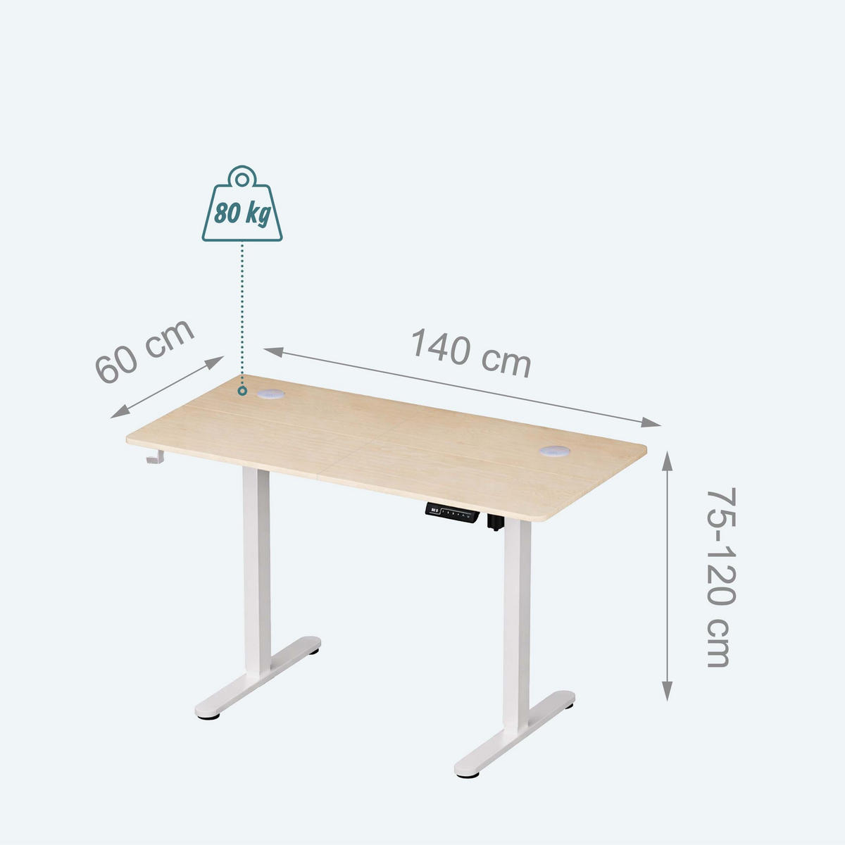 SCHREIBTISCH Natur Weiß elektrisch höhenverstellbar - Multicolor, Holzwerkstoff/Kunststoff (60/140/120cm) - Relaxdays