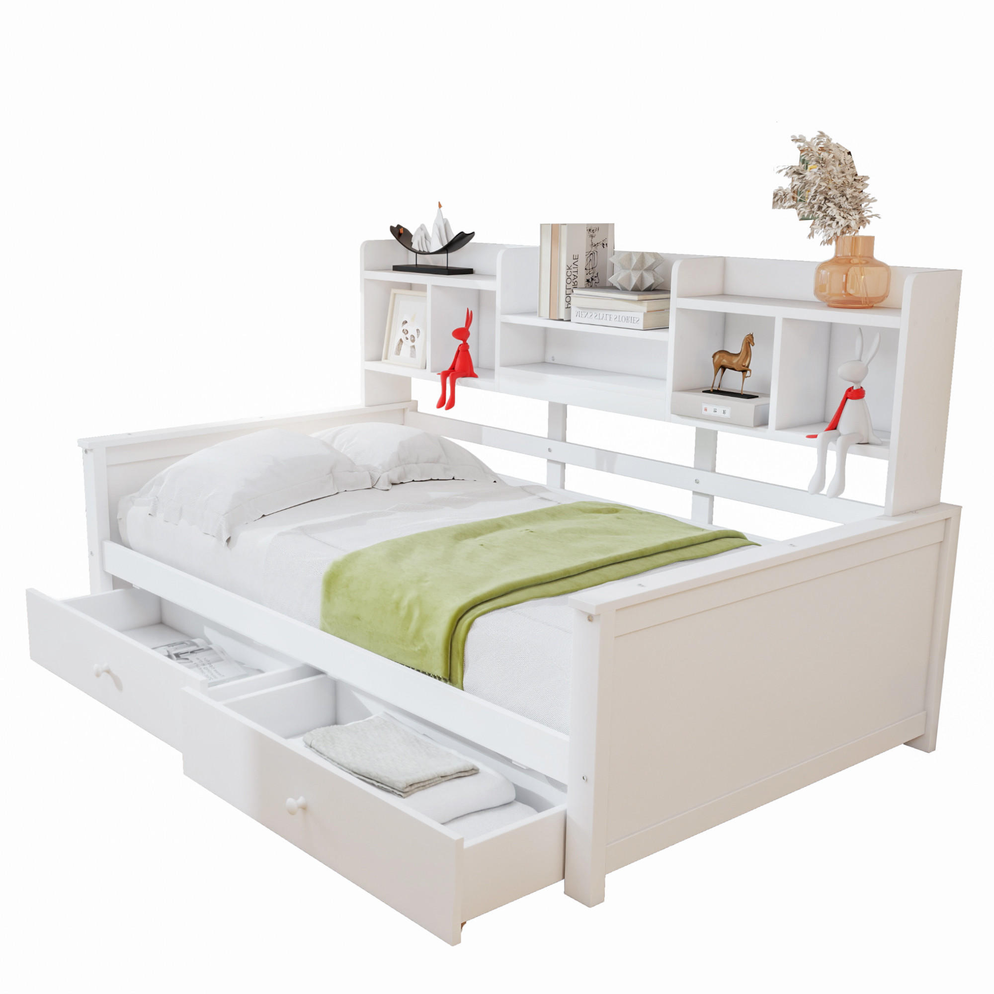 SCHLAFSOFA 90/200 cm in Weiß Kinder- und Jugendbett mit 2 Schubladen und Regal im Massivholz-Design - Weiß, Holzwerkstoff/Metall (90/200cm) - STILVORA