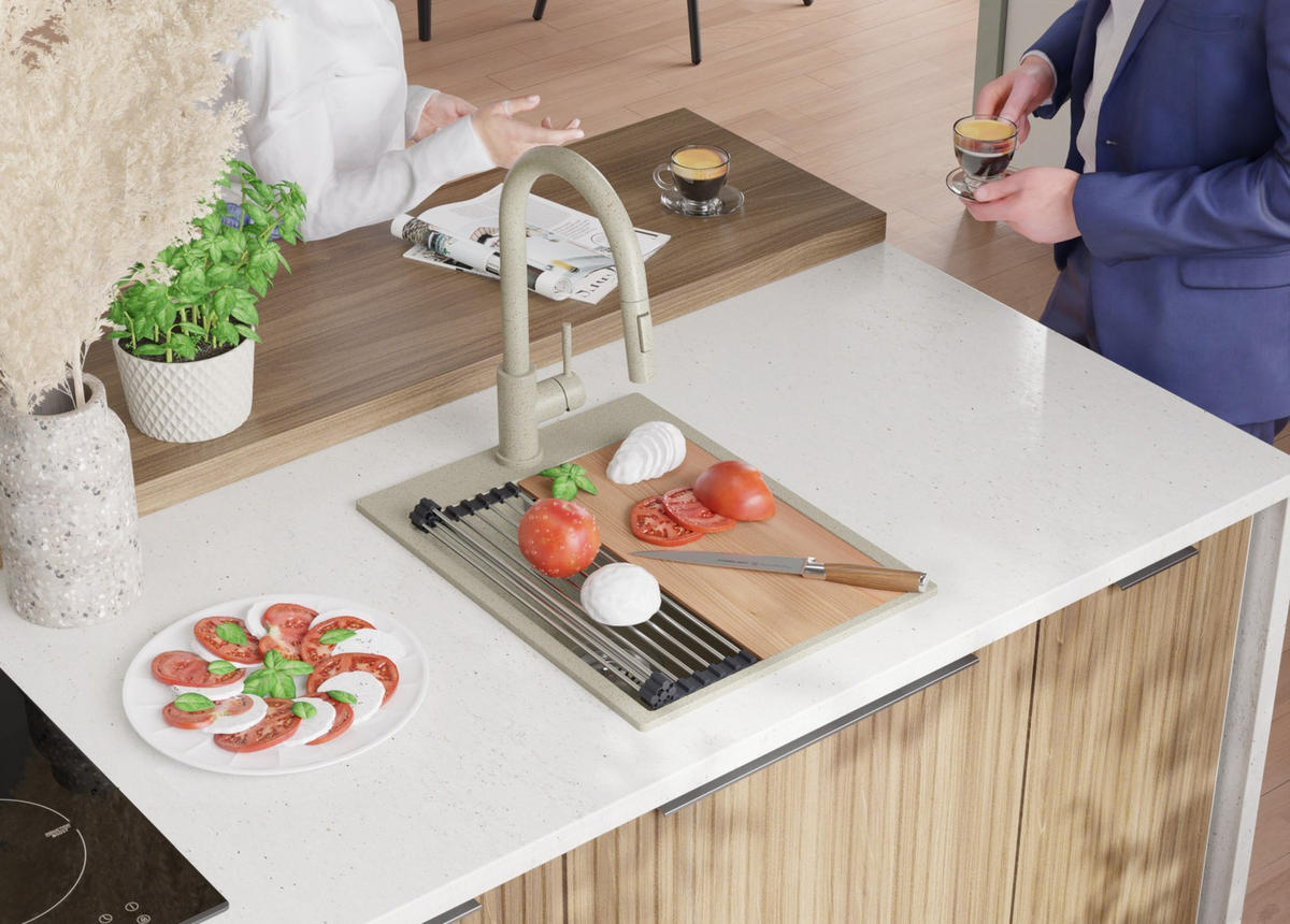 SPÜLBECKEN Oslo, 2-er set Beige 38/50 cm 1 Becken + Ablauf-Set + Schneidebrett ab 40er Unterschrank - Beige, Kunststoff (38/20/50cm) - Primagran