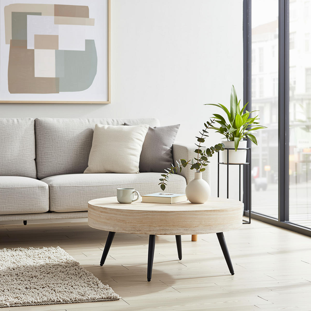 COUCHTISCH runder kaffeetisch travertin-optik - Naturfarben, Holzwerkstoff (70/70/35.5cm) - Urban Meuble