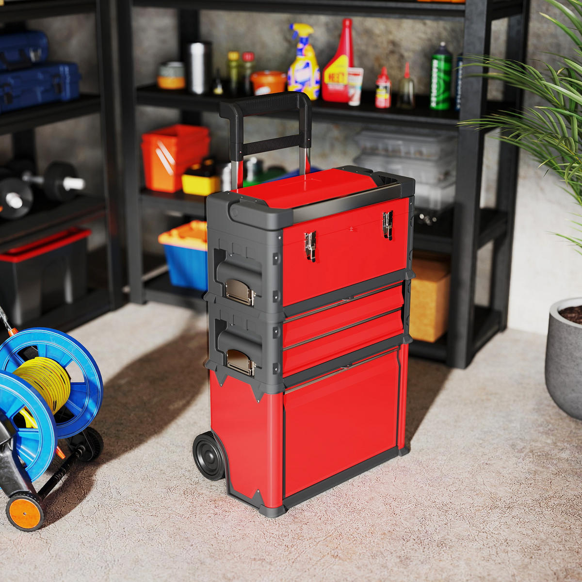 WERKSTATTWAGEN inkl. Koffer Werkzeugwagen leer, Stahl, Rot - Rot, Metall (52/72/32cm) - HOMCOM