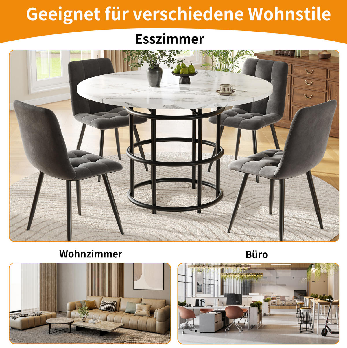ESSTISCH 100/76/100 cm Schwarz aus MDF und Metall mit Marmoroptik - Schwarz, Holzwerkstoff (100/100/76cm) - OKMYHOME