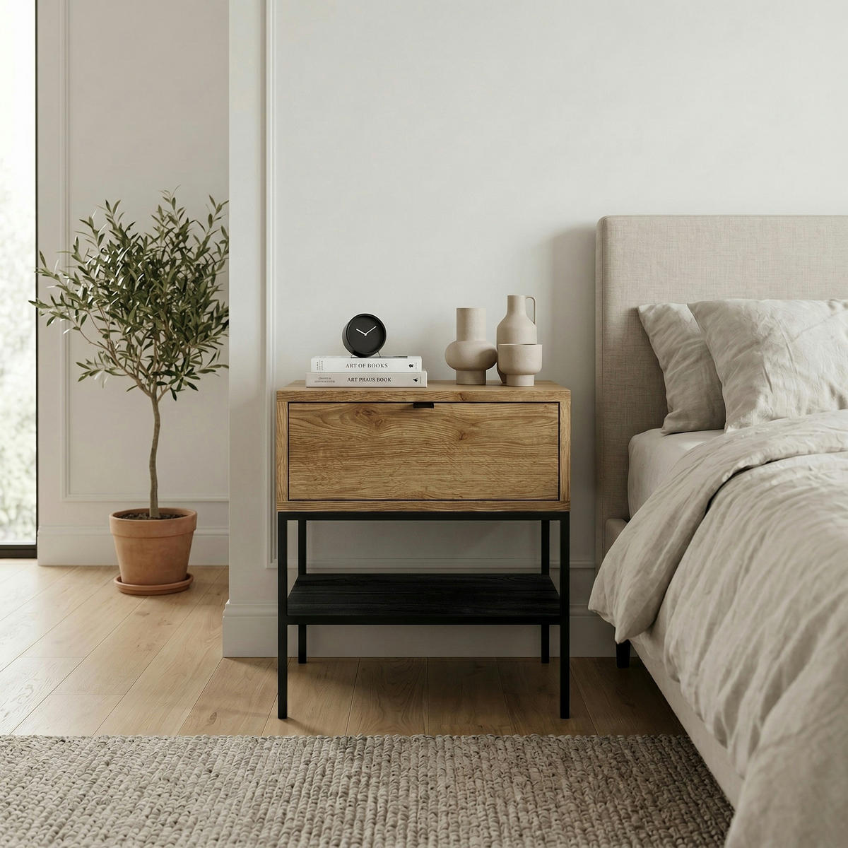 NACHTTISCH Melis Warme Eiche, Schwarzes Holz 45/35/56,4 cm - Schwarz/Braun, Holzwerkstoff/Metall (45/56.4/35cm) - Decortie