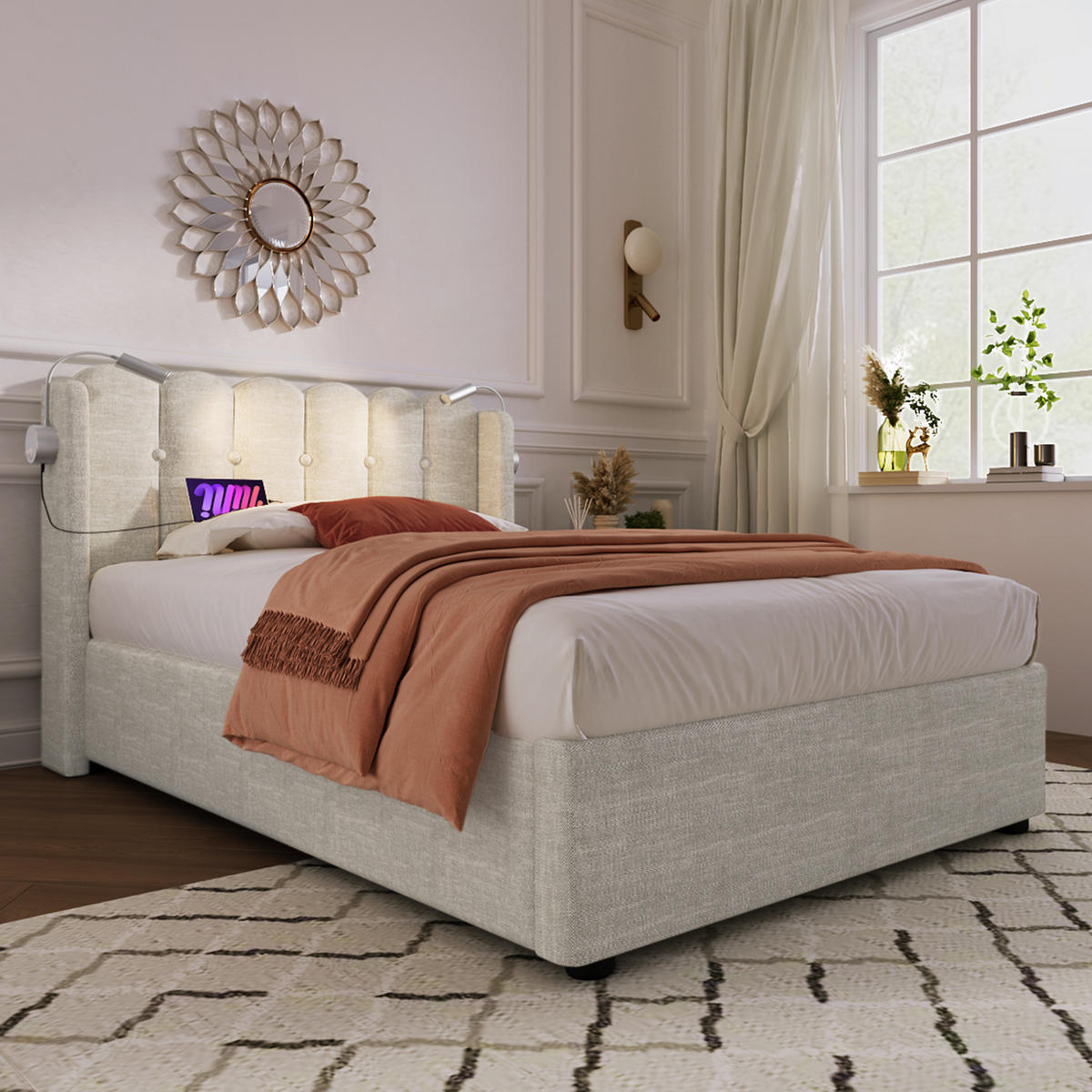 POLSTERBETT 90/200 cm mit Leselicht und Ladefunktion aus Leinen in Natur Ohne Matratze - Naturfarben, Textil (90/200cm) - OKWISH