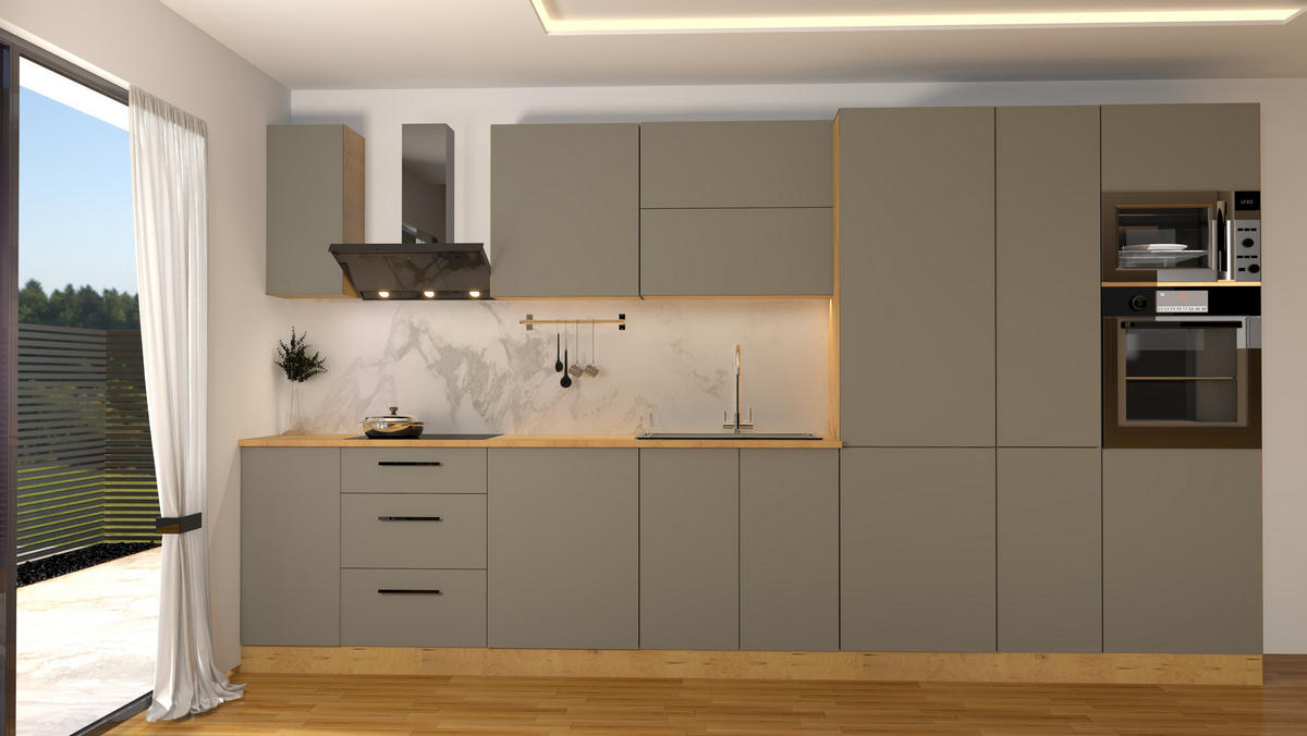 KÜCHENZEILE 400 cm - Nexa KÜ-LN-001 - in Beige / Matt - Beige/Schwarz, Holz/Metall (400/212/58cm) - ROYAL24_MARKT