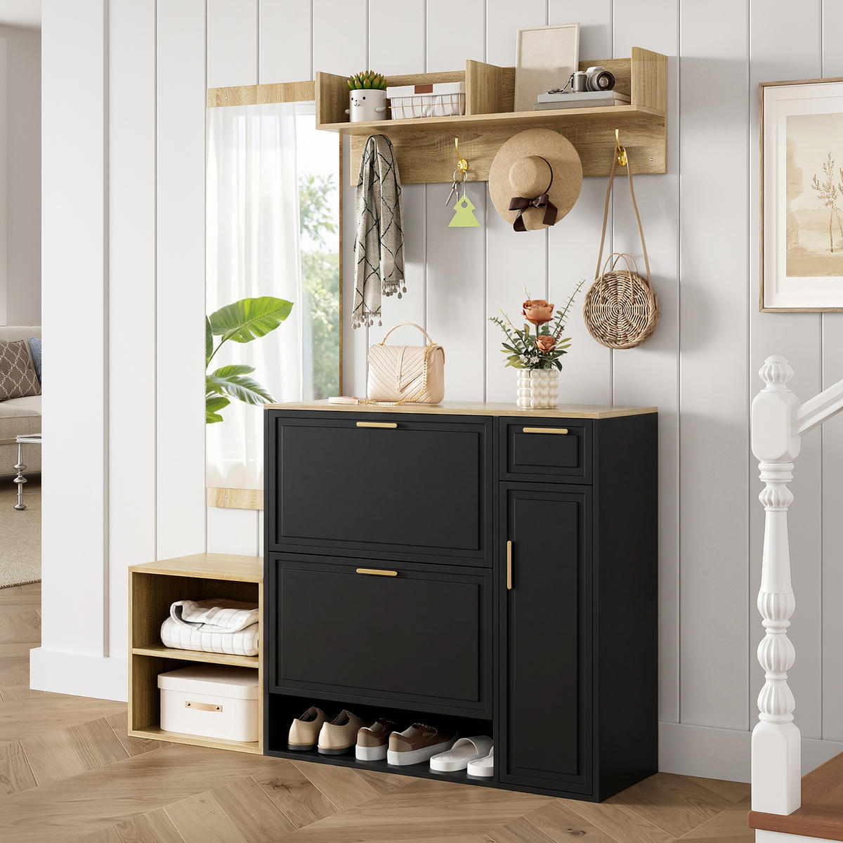 GARDEROBEN-SET in Schwarz Flurmöbel-Set mit Schuhschrank, Sitzbank, Wandgarderobe & Spiegel, B139.5/T35/H166 cm - Schwarz, Holzwerkstoff (130/174/30cm) - STILVORA