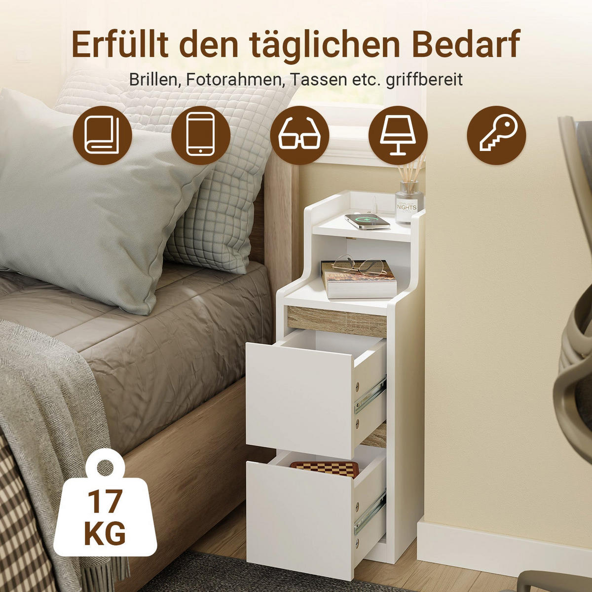 NOĆNI stolac s dvije skrinjice i integriranim svjetlom - bijela, drvni materijal (22/60/34cm) - SoBuy