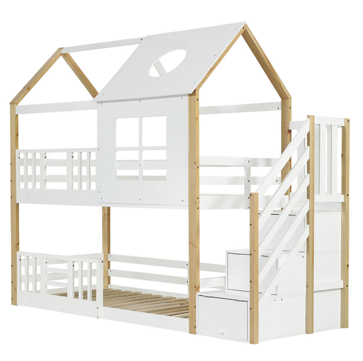ETAGENBETT 90/200 cm mit Aufbewahrungstreppe, Fallschutzgitter und Hausdach, Kiefer/MDF, Weiß/Natur - Weiß, Holz (90/200cm) - Redom