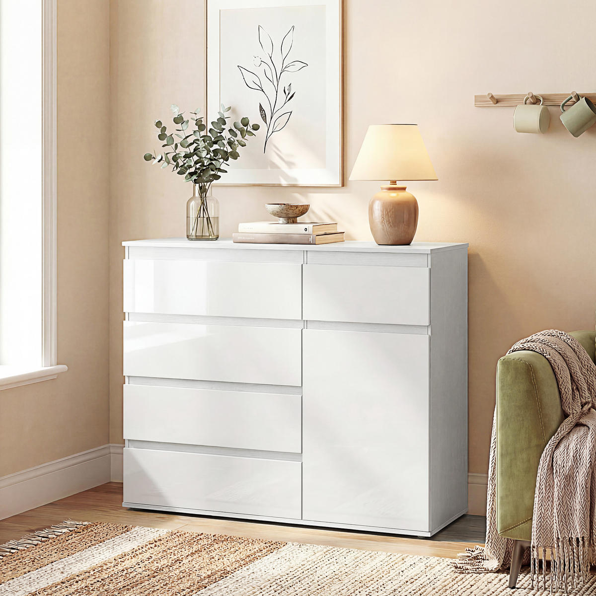 SIDEBOARD Weiß Hochglanz mit 5 Schubladen - Weiß Hochglanz, Holzwerkstoff (100/80/40cm) - PANGIVO