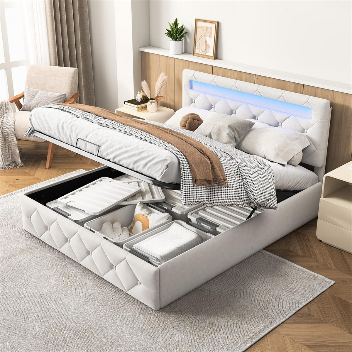 POLSTERBETT 160x200 cm - mit LED-Beleuchtung und hydraulischem Bettkasten - ohne Matratze - Samt - Creme, Textil (160/200cm) - DELFA