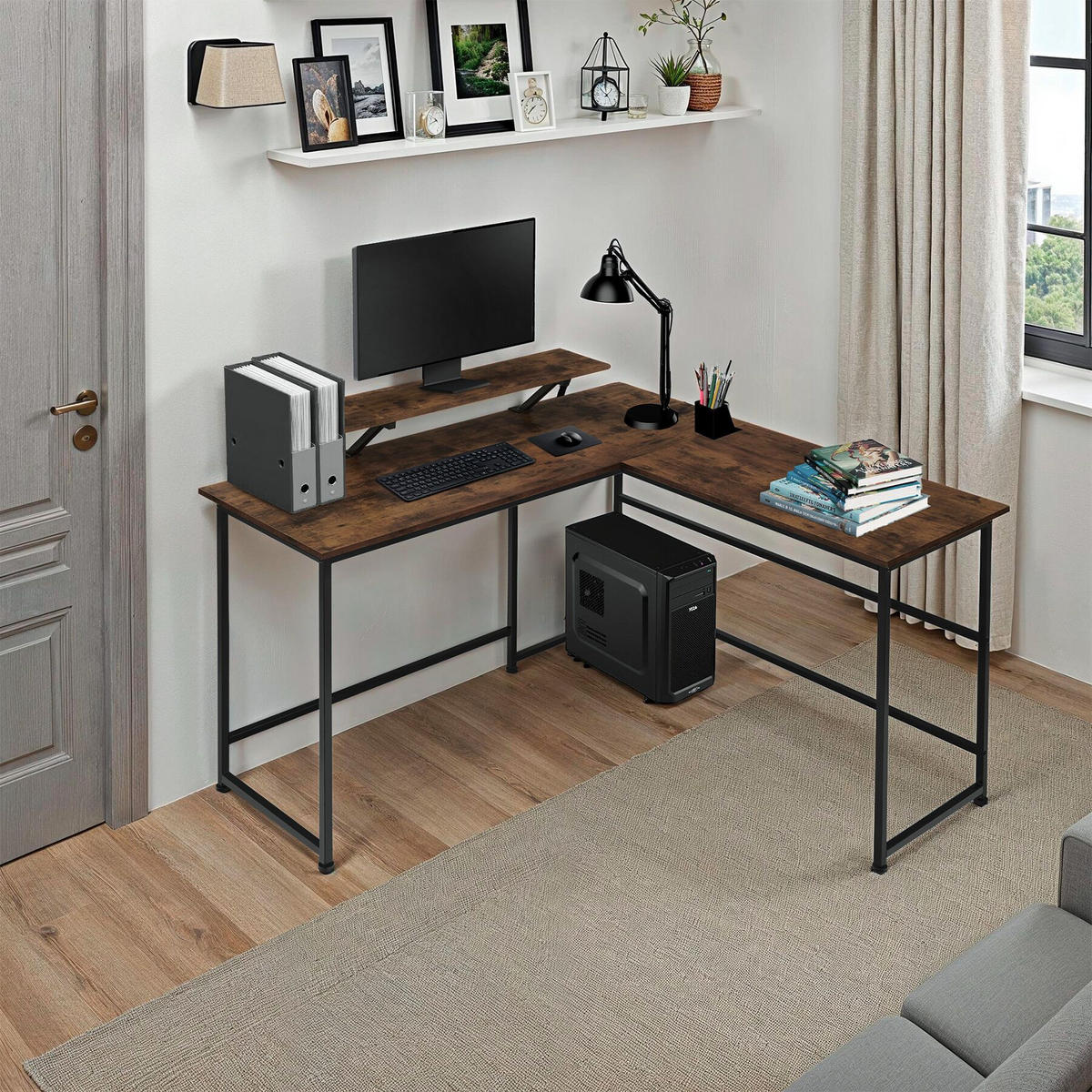 SCHREIBTISCH Melrose,140 x 130 x 76,5 cm,Industrial Holz dunkel, rustikal - Rostfarben, Holz (140/130/76.5cm) - tectake