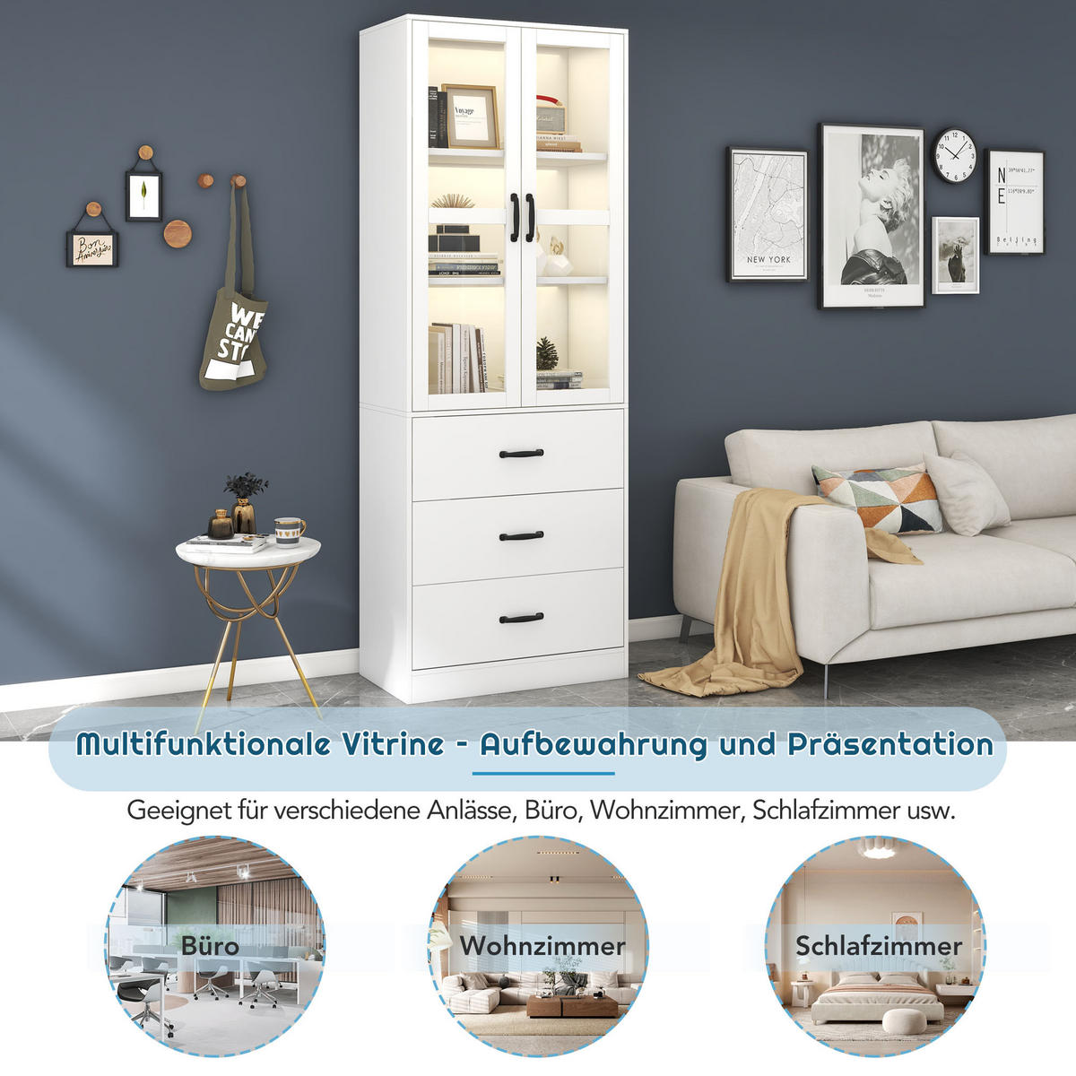 VITRINE 60/40/200 cm weiß aus MDF mit LED und 3 Schubladen - Weiß, Holzwerkstoff (60/200/40cm) - OKWISH