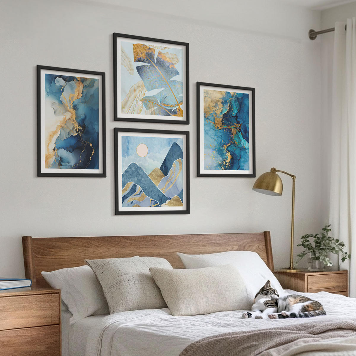 WANDBILDER 4er-Set - 50x50 cm & 40x60 cm Schwarzer Rahmen - Goldmuster in den blauen Bergen - Schwarz, Kunststoff (50/50cm) - ArtPrintCave