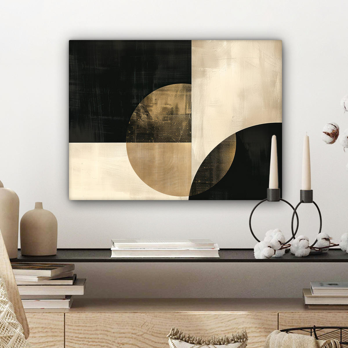 LEINWANDBILD Abstrakt - Geometrische Formen - Schwarz - Gold Wandbild 40x30 cm - Ecru, Textil (40/30cm) - MuchoWow