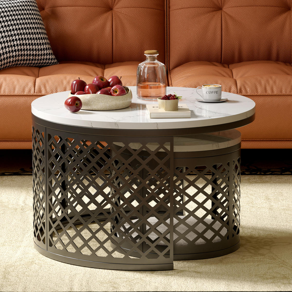 COUCHTISCH 2-teiliges Set Nesting Satztisch ⌀70x45 cm + ⌀45x35 cm Weiß und Schwarz Kontrastfarbendesign - Weiß, Holzwerkstoff (70/70/45cm) - Flora Grace