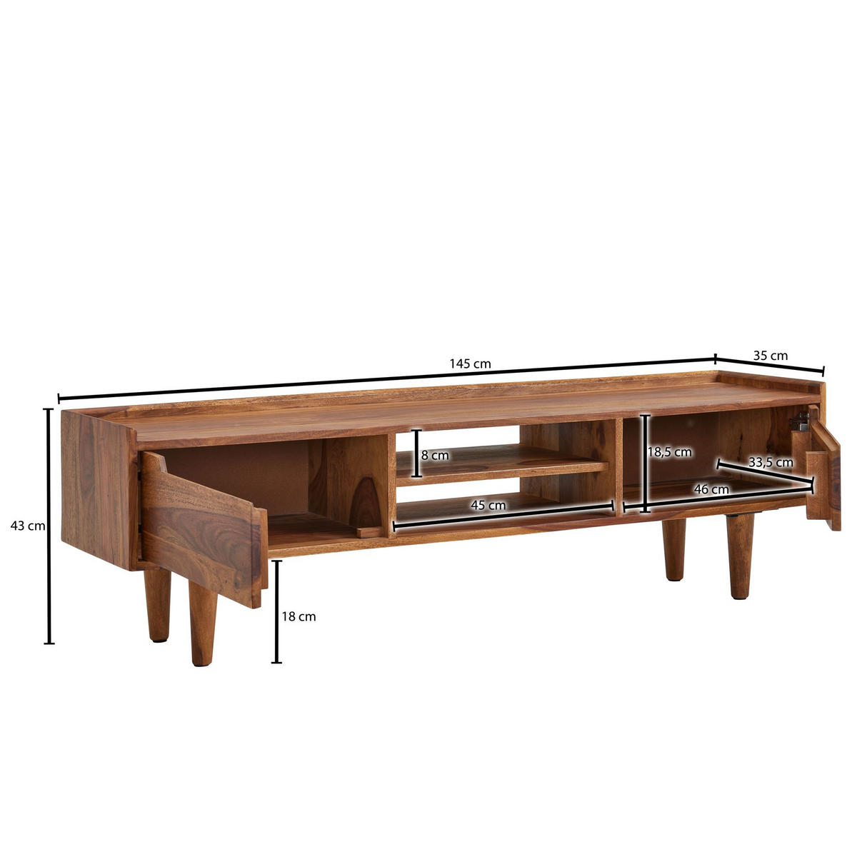 LOWBOARD Massivholz Landhausstil für 60-Zoll Fernseher mit Stauraum und Schutzlackversiegelung - Braun, Holz (145/43/35cm) - KADIMA DESIGN