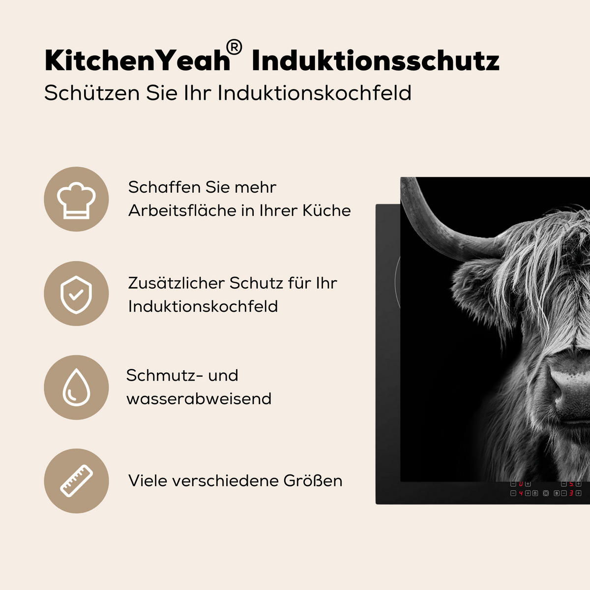 HERDABDECKPLATTE Schottischer Highlander - Hörner - Schwarz - Weiß - Kuh - Wild - Tiere Ceranfeldabdeckung 59x52 cm - Schwarz, Kunststoff (59/52/0.2cm) - MuchoWow