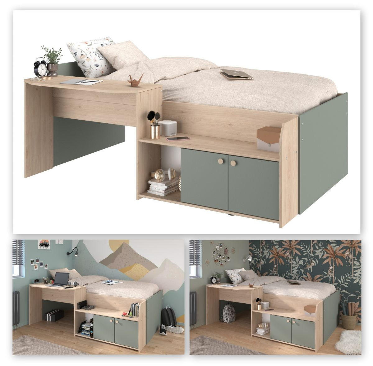 HOCHBETT Eiche, grün, Stauraum-Bett für Kinder- und Jugendzimmer - Salbeigrün/Eichefarben, Holzwerkstoff (90/200cm) - Parisot Meuble