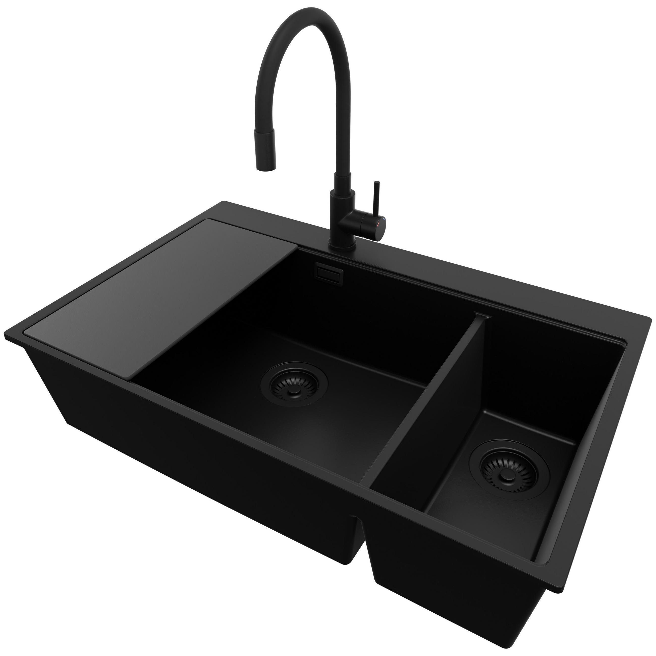 GRANITSPÜLE Oslo Duo, 2-er set Alles Schwarz 78/50 cm 2 Becken + Küchenarmatur 40/38 cm + Ablauf-Set + Schneidebrett ab 80er Unterschrank - Schwarz, Kunststoff (78/20/50cm) - Primagran