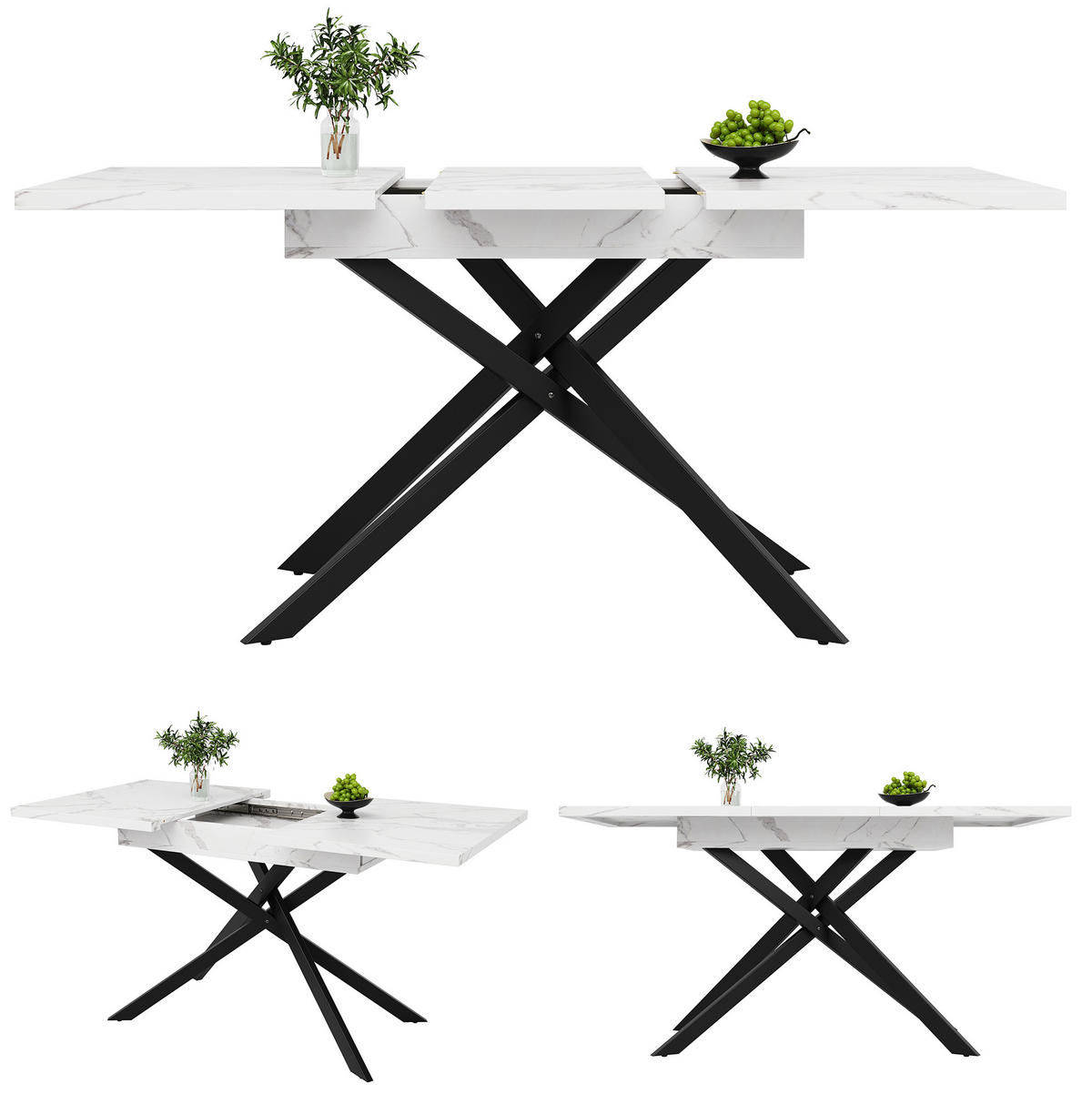 ESSTISCH 120-160x80x77 cm in Weiß und Schwarz aus MDF mit Marmoroptik auf Metall-Kreuzbeinen ausziehbar - Weiß, Holzwerkstoff (160/80/76.5cm) - Modfu