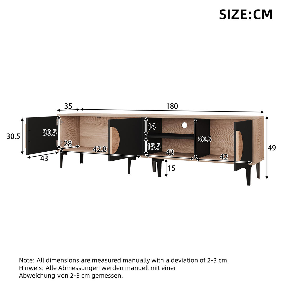 TV-ELEMENT mit 3 Türen und offenen Fächern 180 x 35 cm Holzoptik Schwarz - Schwarz, Holzwerkstoff (35/49/180cm) - Beauniv