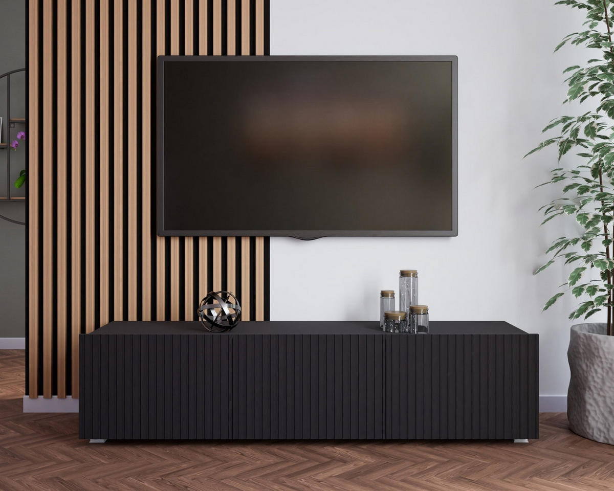 TV-LOWBOARD Kolder 150 cm Schwarz mit geriffelten Fronten - Silberfarben/Schwarz, Holzwerkstoff/Kunststoff (150/38/43cm) - Ravio