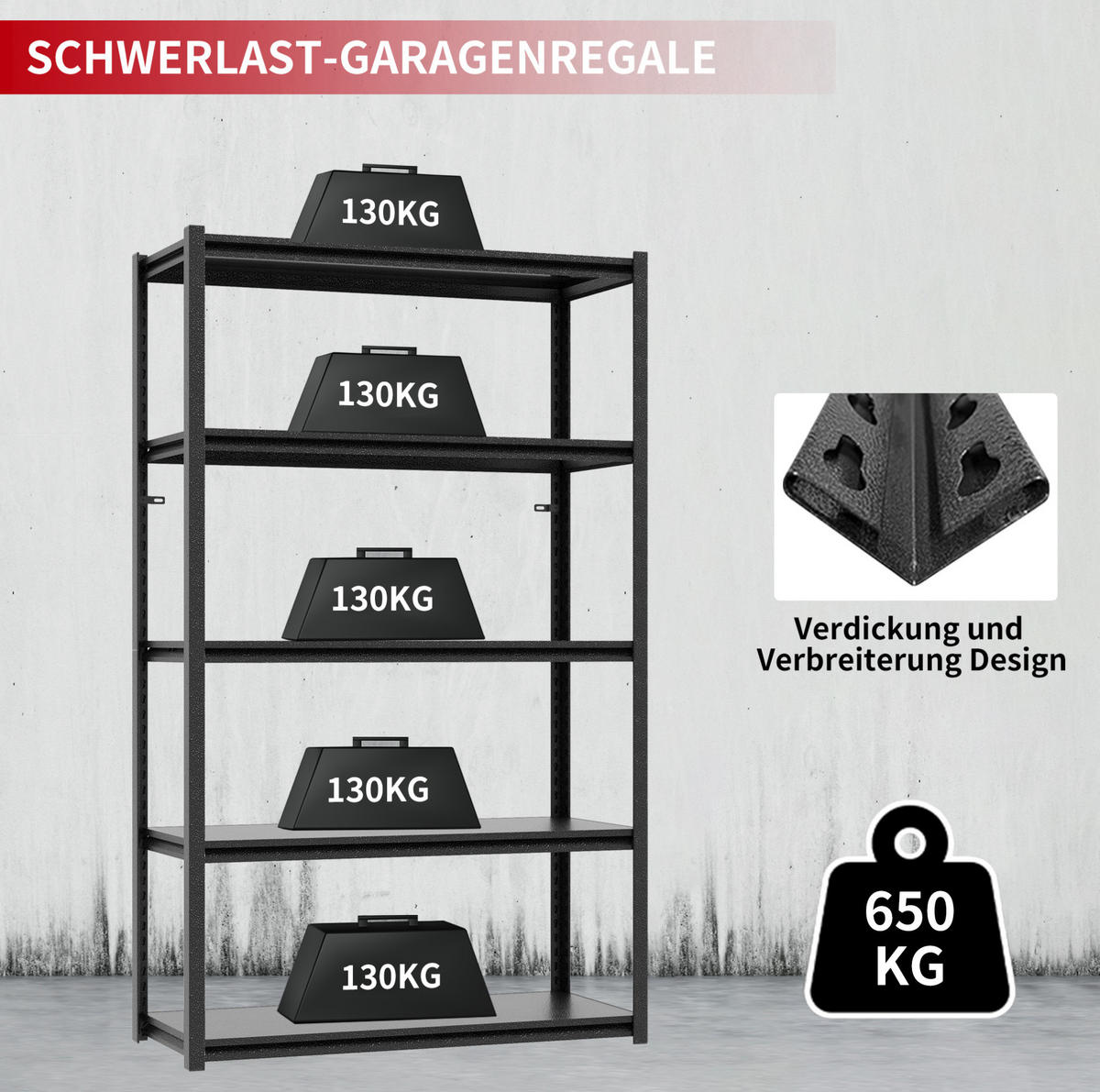 STANDREGAL 40/80/160 cm mit 5 höhenverstellbaren Ebenen und 650 kg Tragkraft, Schwarz - Silberfarben, Metall (80/160/40cm) - Redom