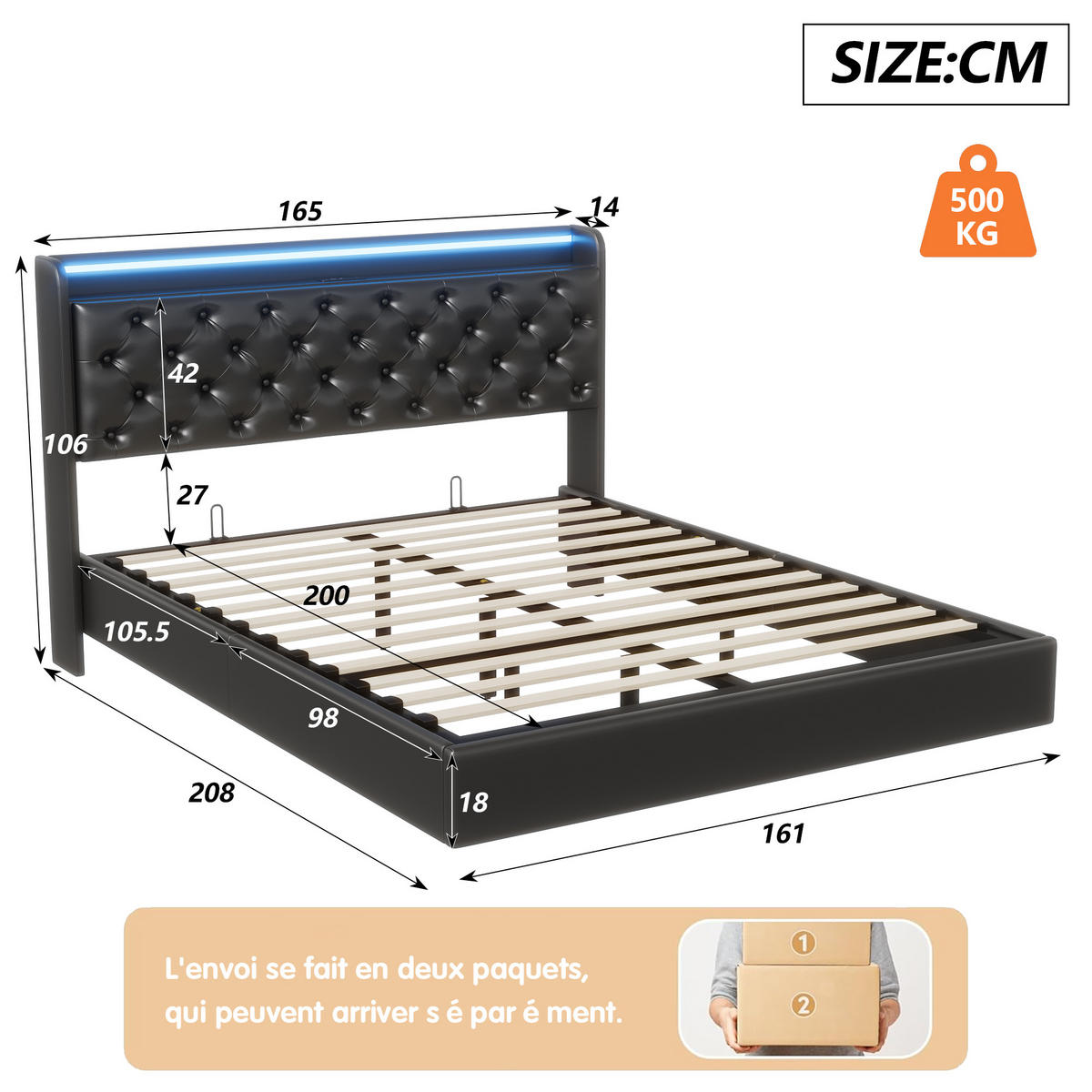 POLSTERBETT 160x200 cm LED USB Stauraum Lattenrost PU Leder schwarz - Schwarz, Holz (160/200cm) - LEBENLANG