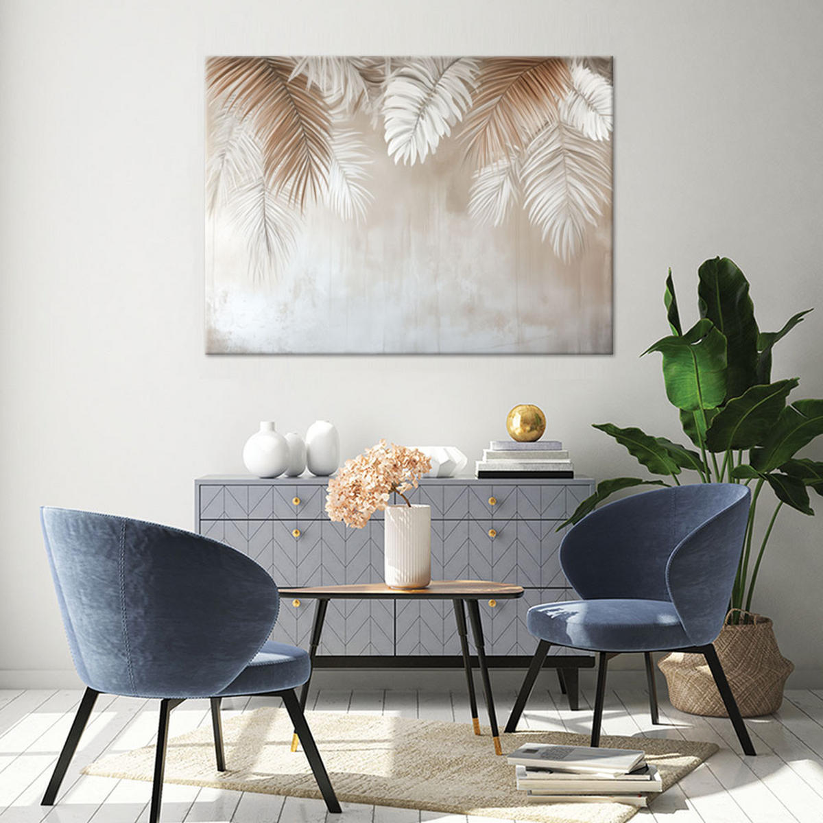 WANDBILD hängende palmblätter auf einem beigen hintergrund - Beige, Textil (60/40cm) - Feeby