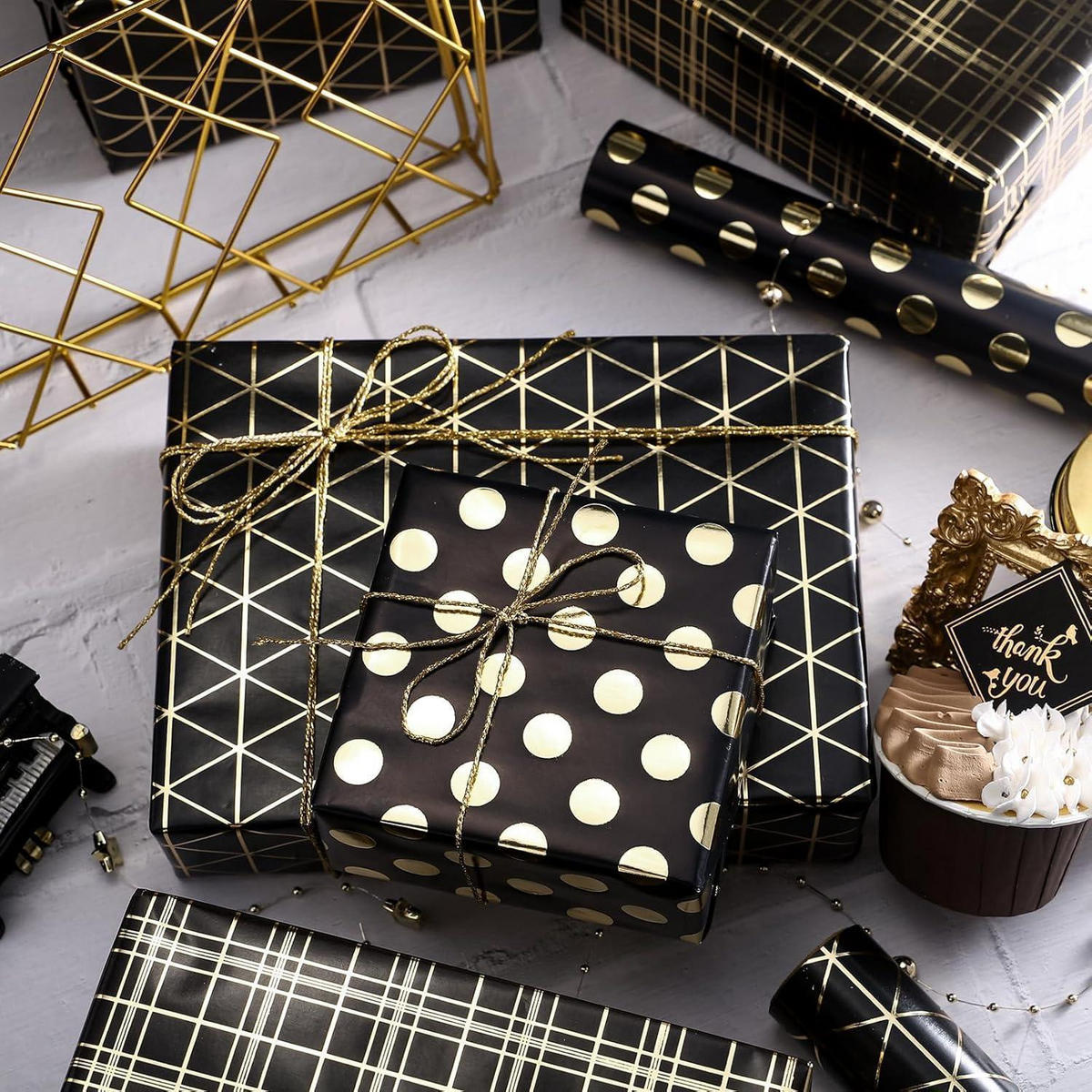 GESCHENKPAPIER 3 Rollen Metallic-Schwarz-Gold-Design 43,2 cm x 3,05 m - Multicolor, Papier (10/4/44cm)