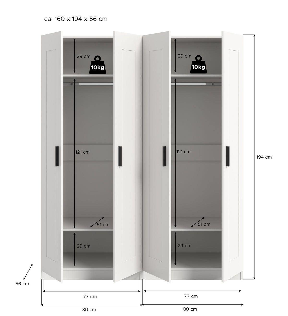 KLEIDERSCHRANKKOMBINATION VISBY (B/H/T: ca. 160/194/56 cm) in weiß/weiß - Weiß, Holzwerkstoff (160/194/56cm)