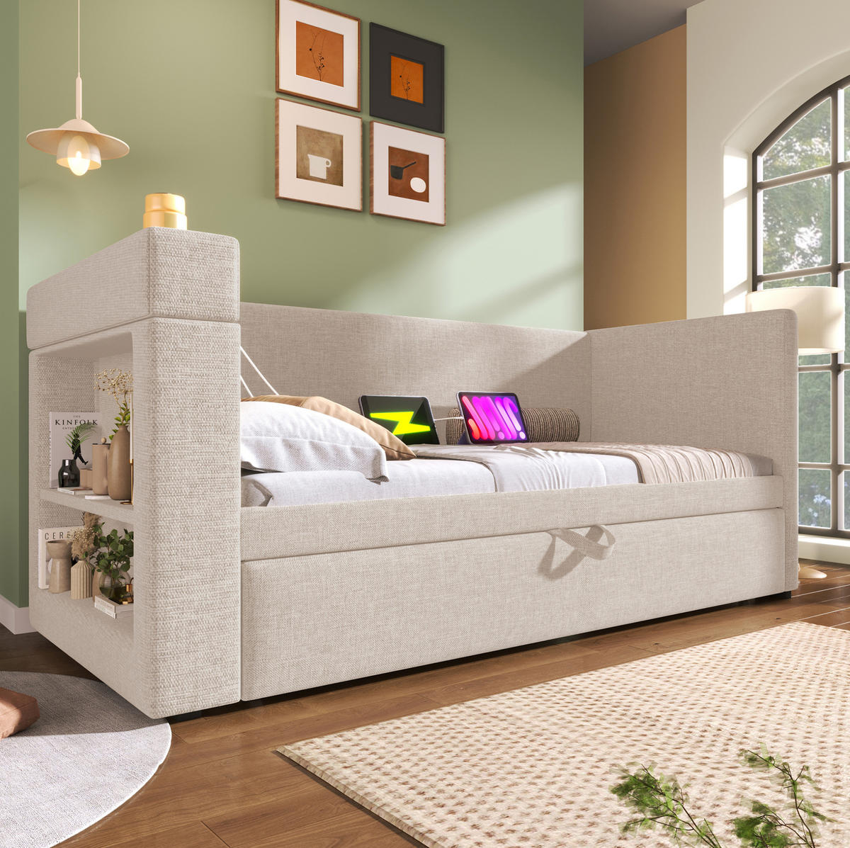 POLSTERBETT 90/180x190 cm Beige mit USB- und Type-C-Anschlüssen - Beige, Textil (90/190cm) - Flora Grace