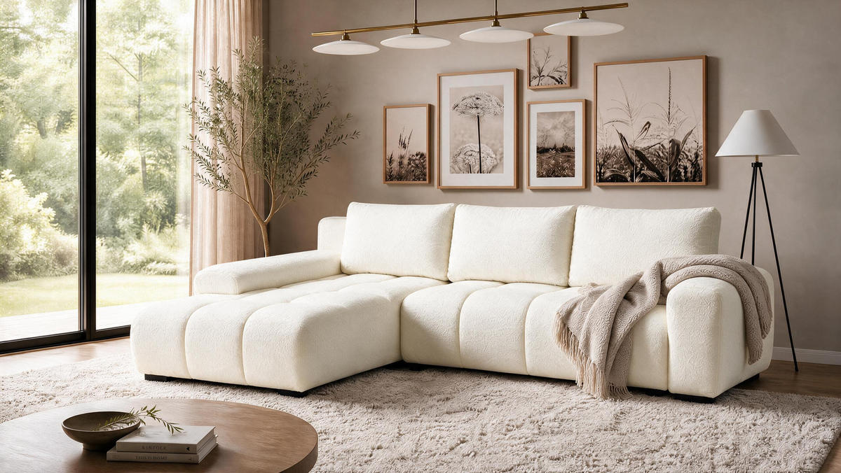 ECKSOFA Ovia mit Bettkasten und Schlaffunktion, Bouclé-Stoff in L-Form - Beige, Textil (270/185cm)