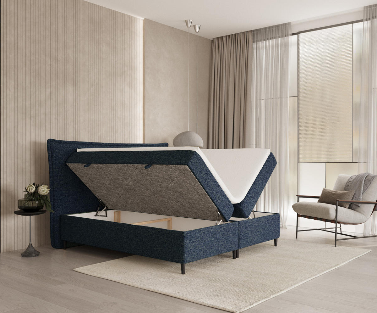 BOXBETT Sinai Marineblau 140/200 cm mit Taschenmatratze und Topper - Schwarz/Dunkelblau, Holz/Holzwerkstoff (140/200cm) - Maison de Reve