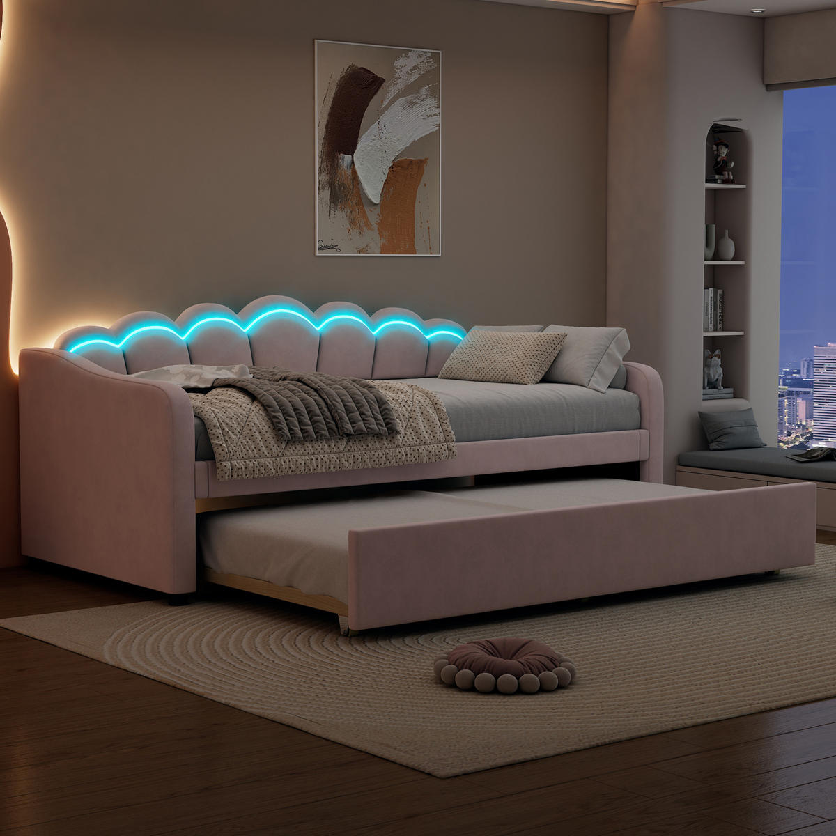 TAGESBETT 90/200 cm mit ausziehbarem Rollbett, LED-Beleuchtung und Samtbezug, Rosa - Rosa, Textil (90/200cm) - Redom