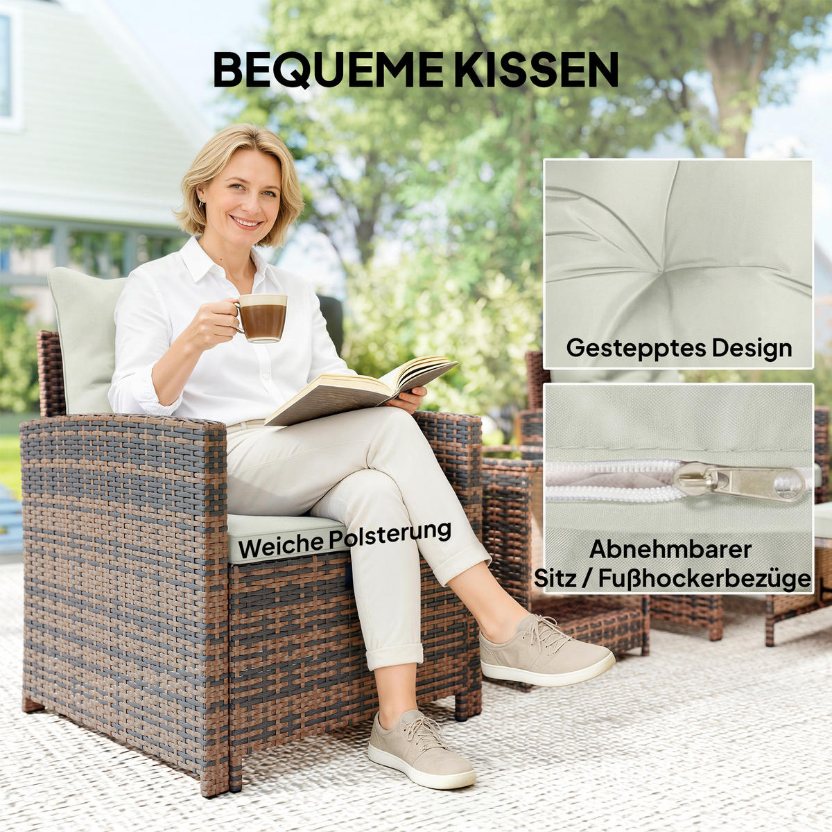 RATTAN-GARTENMÖBEL 5er Set PE-Rattan Stahl Cremeweiß - Creme/Schwarz, Kunststoff/Textil - Outsunny
