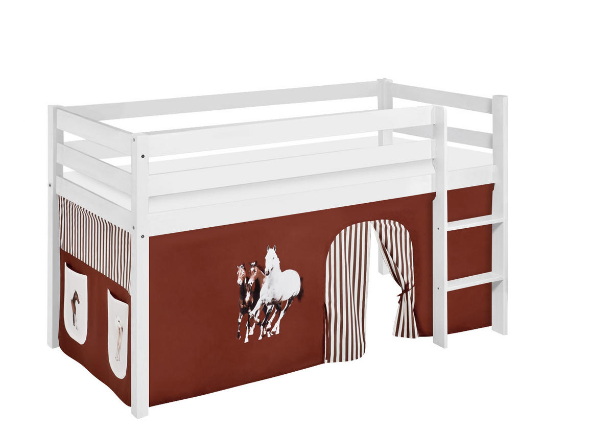 HOCHBETT Jelle mit PFERDE Vorhang - Kinderbett - Weiß, Holz - Lilokids