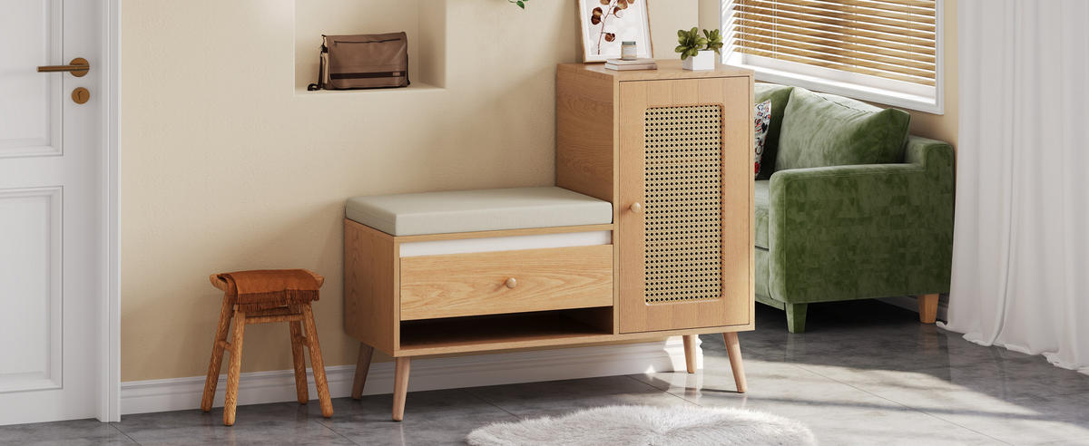 SCHUHSCHRANK Rattan Bank Sitzpolster Schubladen Stauraum - Naturfarben, Holz (95.5/80.5/35cm) - LEBENLANG