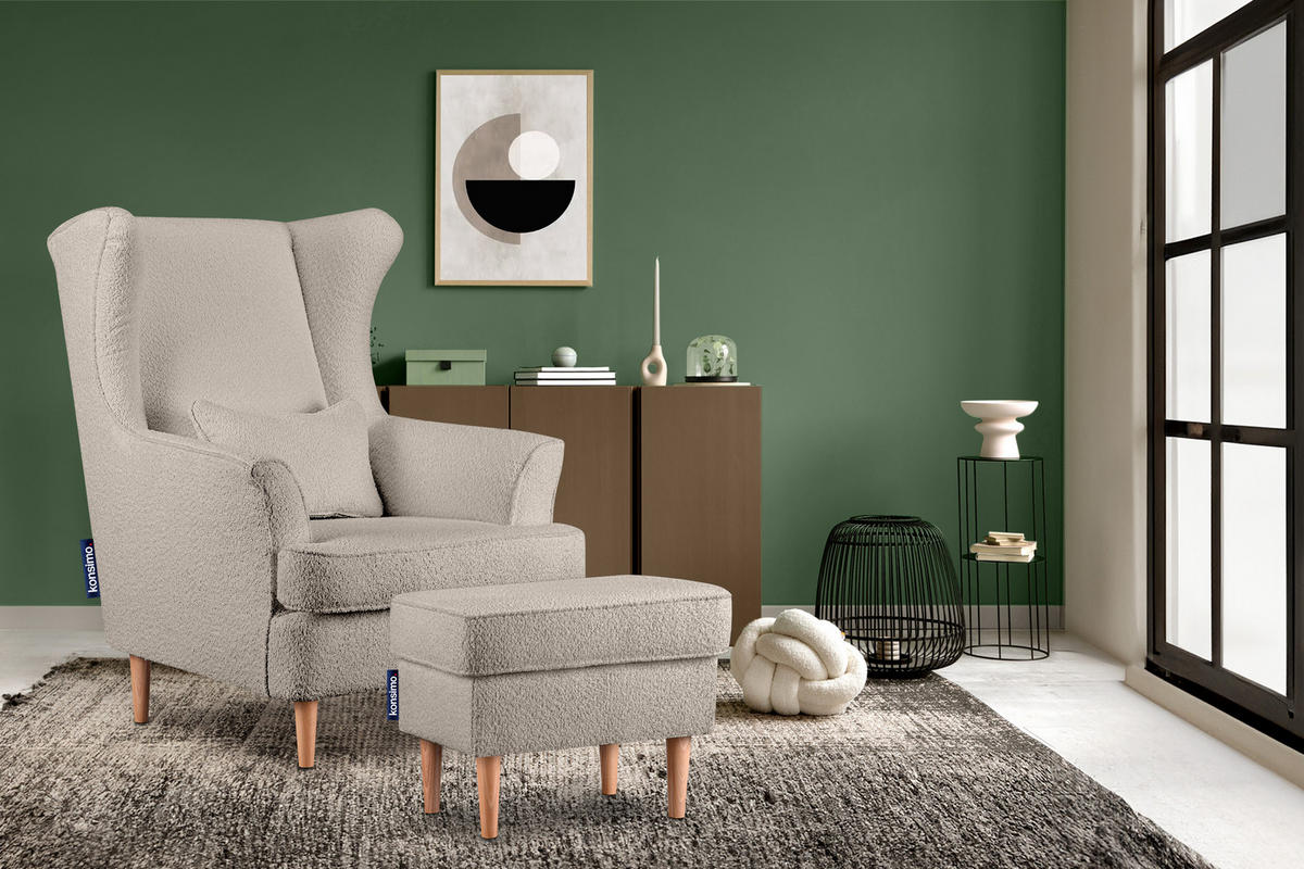 OHRENSESSEL STRALIS mit Sitzhocker, hellbeige - Beige, Textil (82/108/80cm) - KONSIMO®