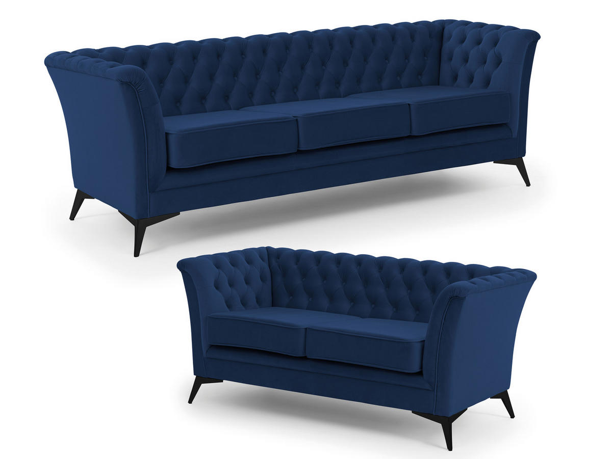 SITZGARNITUR 3+2 Chesterfield Whitby Marineblau Samt mit schwarzen Füßen - Blau/Schwarz, Holz/Textil (237/78/82cm) - S-Style Möbel
