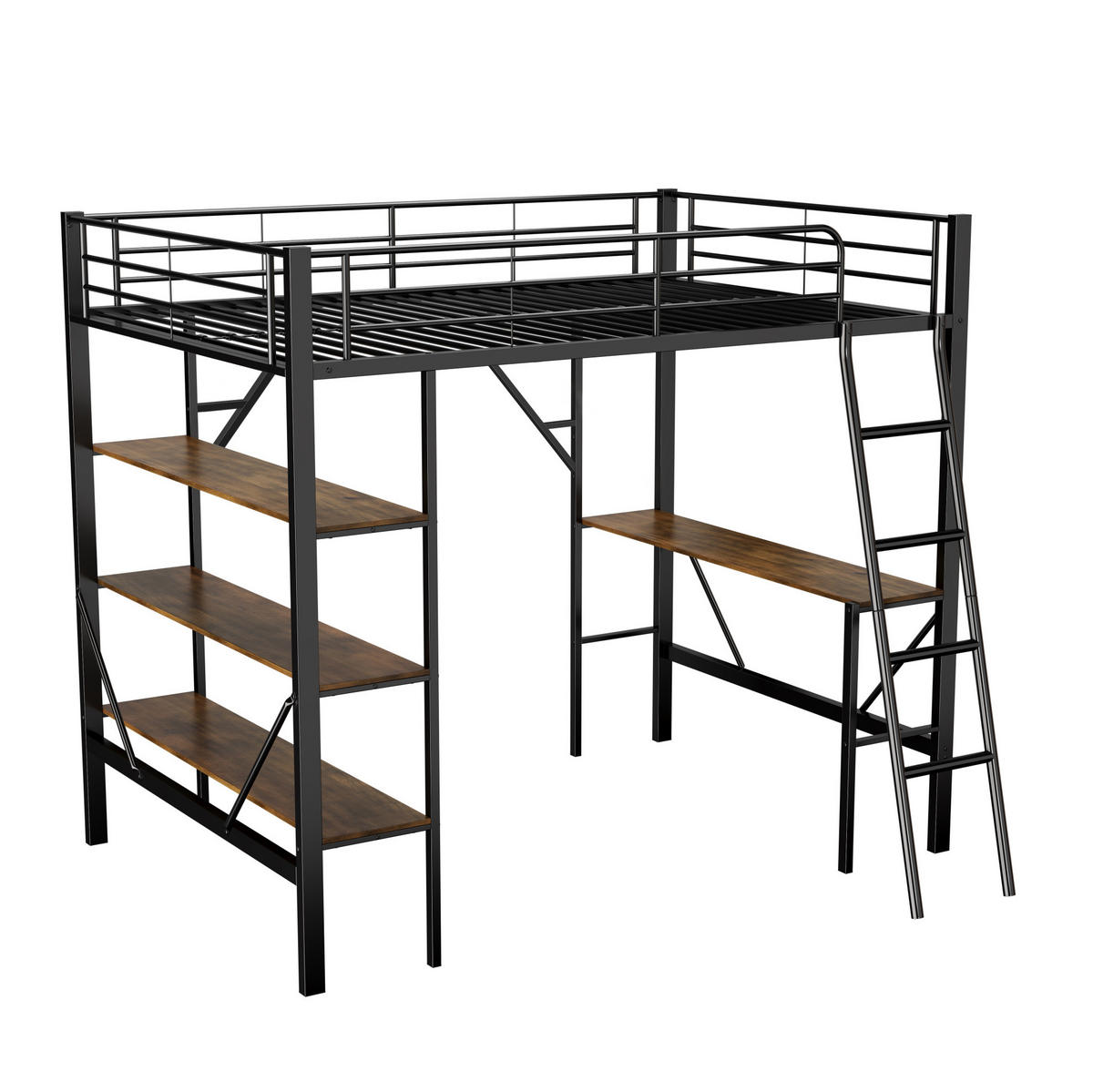 HOCHBETT 90/200 cm aus Metall und MDF mit Schreibtisch und 3 Ablagen Schwarz - Schwarz, Metall (90/200cm) - Modenvie