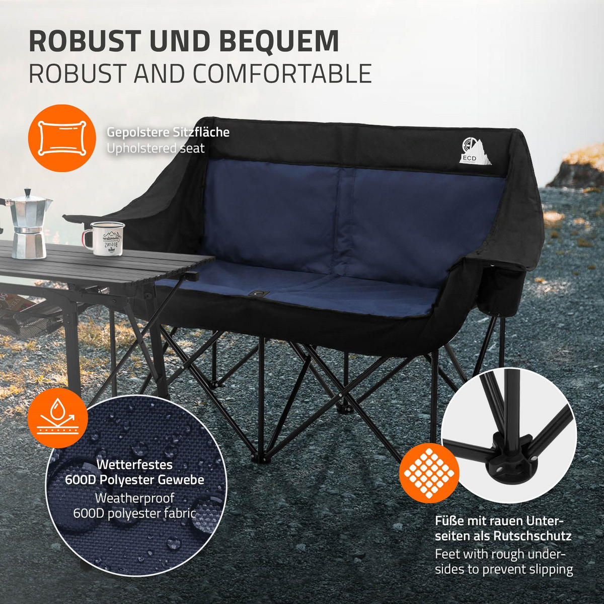 SKLÁDACÍ KEMPINGOVÁ ŽIDLE pro 2 osoby, modrá, s ocelovou konstrukcí, 54,5 x 145,92 cm - modrá, textil (145/92/54.5cm) - ECD-Germany