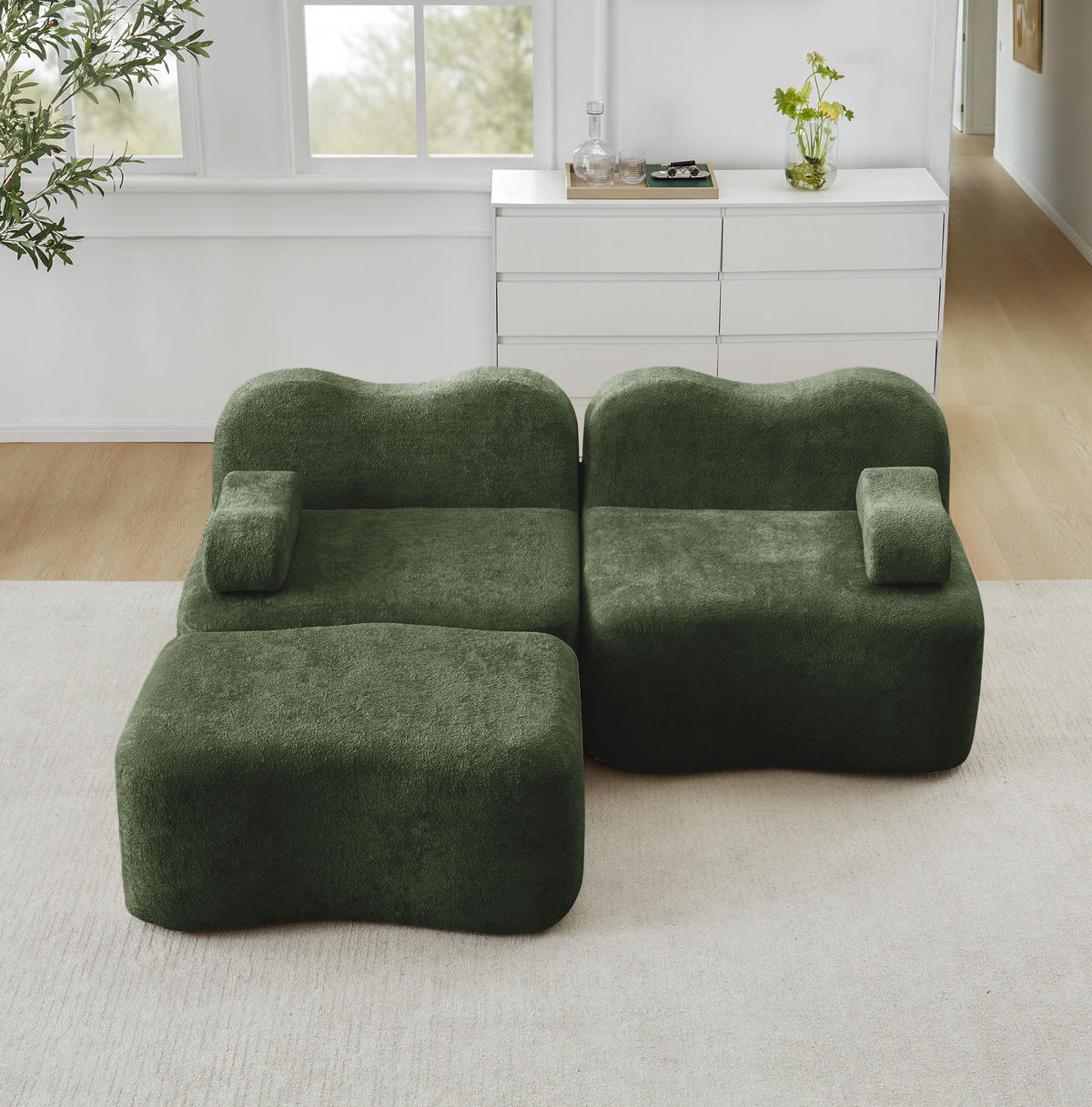 SOFA 192/167/70 cm in Grün aus Samt mit Ottomane - Grün, Textil (167/70/192cm) - Flora Grace