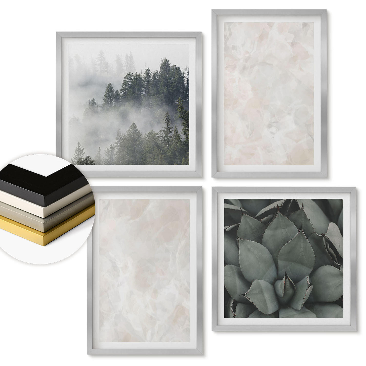 WANDBILDER 4er Set - 50x50 cm & 40x60 cm Silberner Rahmen - Steinpastellmarmor - Silberfarben, Kunststoff (50/50cm) - ArtPrintCave
